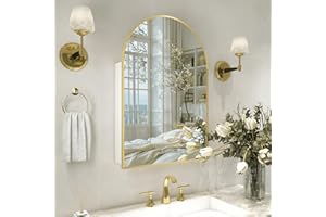 FUNFOLLOW Gold Medicine Cabinet with Mirror, Bathroom Arched Medicine Cabinet Wall Mounted, Modern Vanity Mirror with Storage, Mirrored Cabinet with Adjustable Shelves, Not Recessed, 24x36 Inch