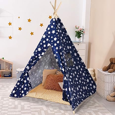 Baby Joy Tragbares Tipi Zelt für Kinder, drinnen und draußen geeignet, mit Tragekoffer, 145 cm hoch. (Blau Sterne)