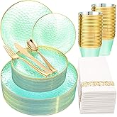 DaYammi 175 Pcs Green Plastic Plates Dinnerware Set (25 Guests), Hammered Plates Sets, Green Party Platos Set include 50 Disposable Platos, 75 Gold Plastic Silverware, 25 Cups 25 Napkins