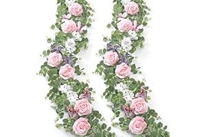 TOCHGREEN 2 Pack 5.9Ft Artificial Fake Flower Garland Pink Rose Hydrangea Vines with 3D Butterfly Hanging Floral Greenery Euc