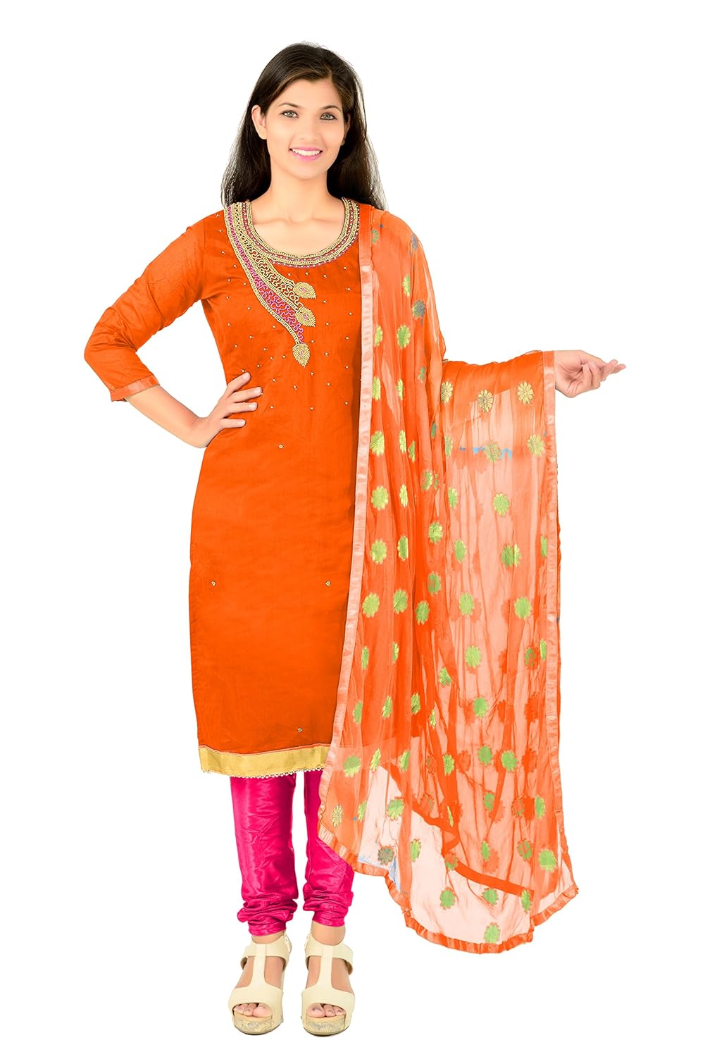 skycrue women's cotton silk handwork orange color dress material