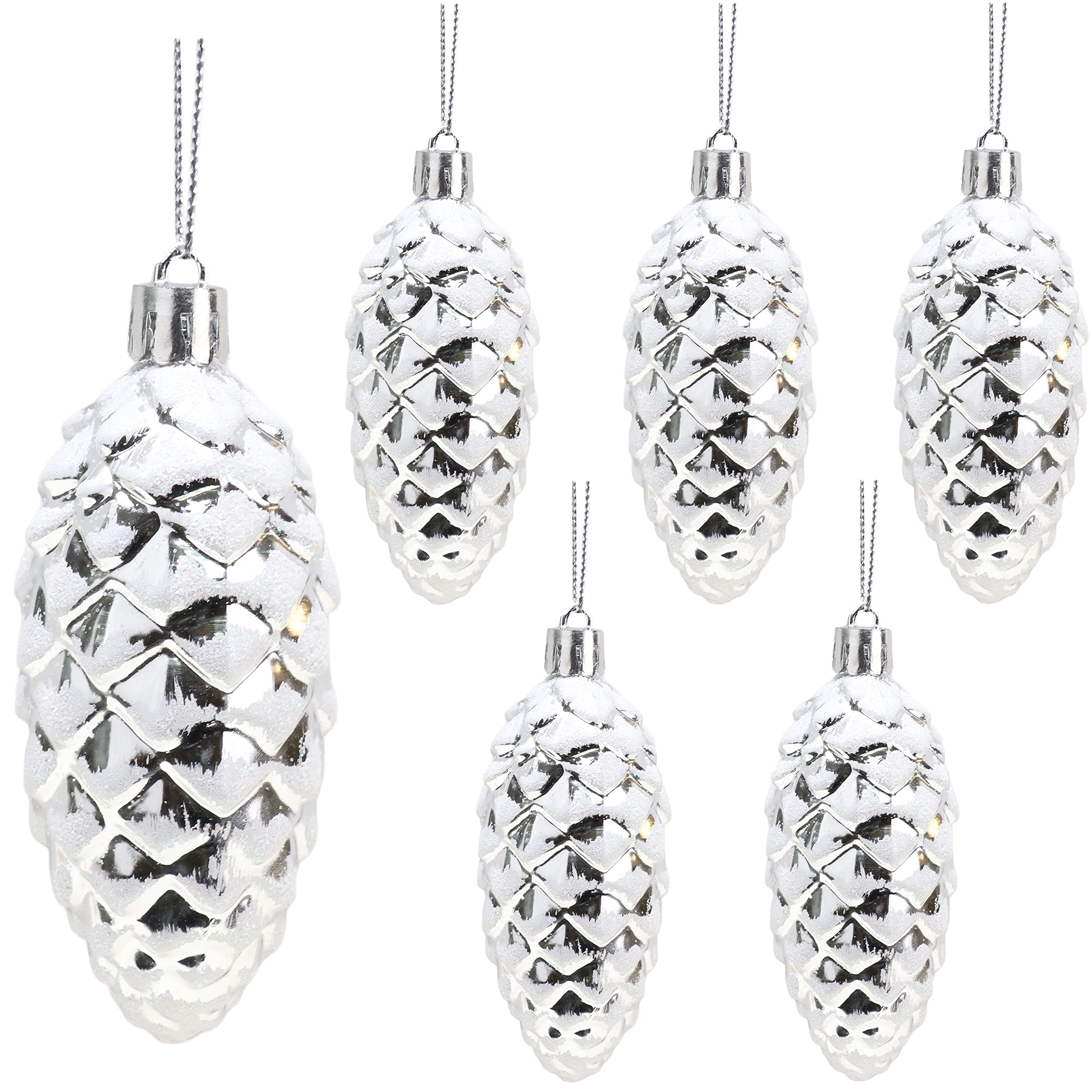 Christmas Concepts® Pack of 6–90mm Shiny & Glitter Decorated Pine Cone Baubles – Christmas Tree Decorations (Silver)