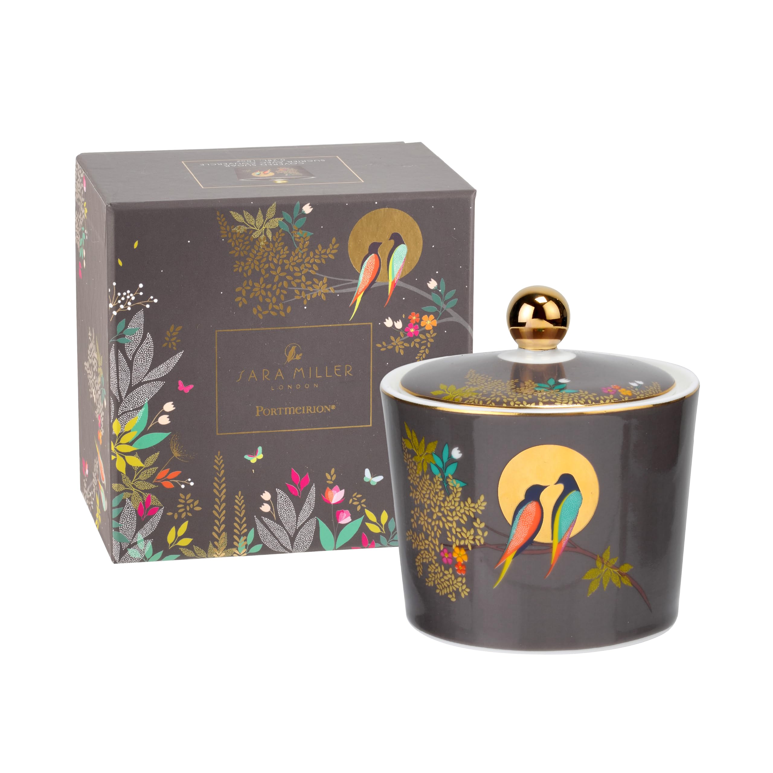 Portmeirion x Sara Miller London Covered Sugar Bowl - Chelsea Collection, Featuring Two Love Birds Perched Upon a Tree, Elegant and Sophisticated with Gold Detailing, Fine China, 125 by 125 by 105 cm