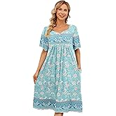 CRIPOM Womens Nightgown Short Sleeve House Dress with Pockets-Floral Print Mumu Dress S-3XL