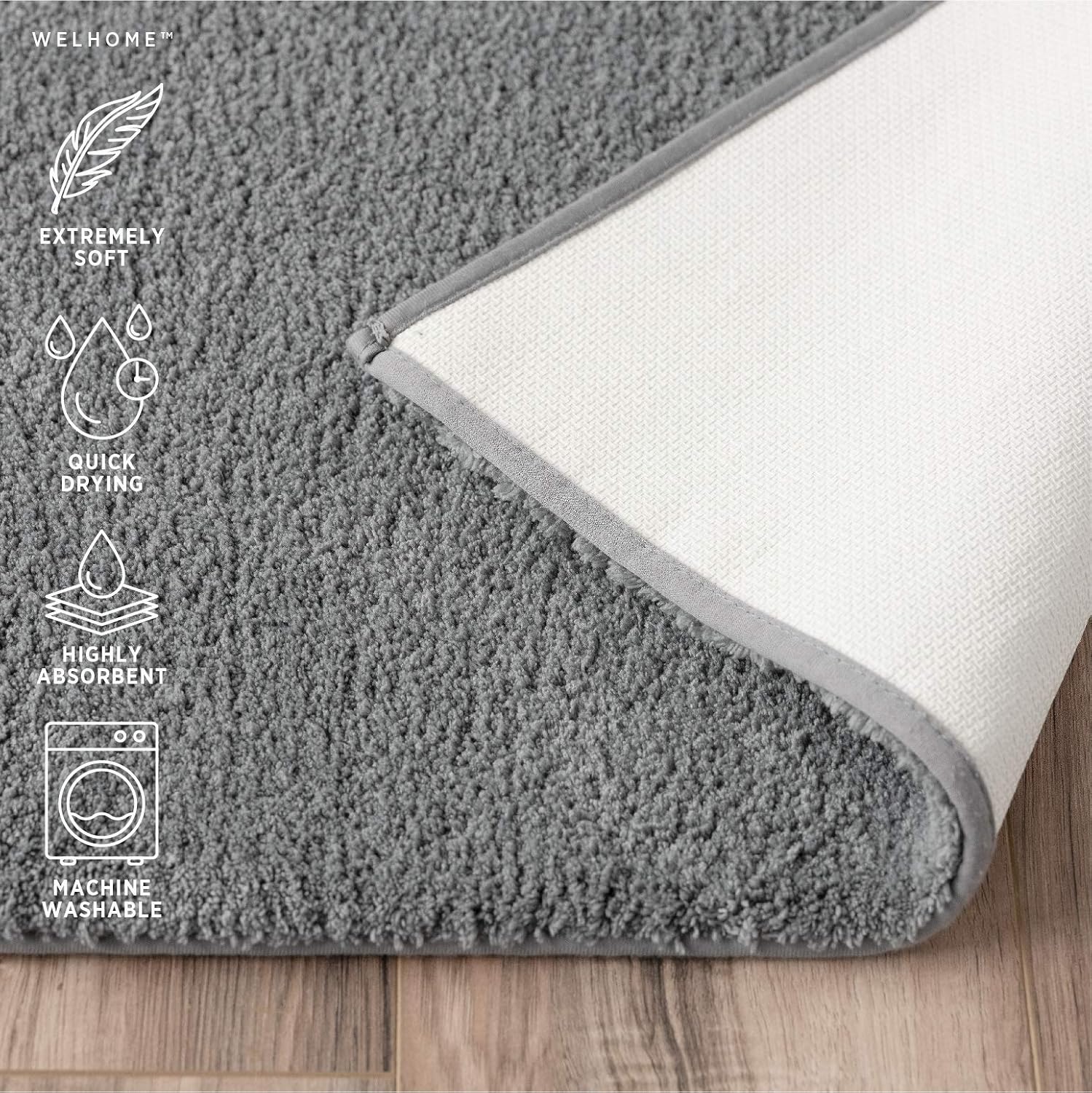 Welhome 100% Microfiber Drylon Non Slip Bath Rug - Latex Backing - Ultra Absorbent - Quick Dry - Soft - Durable - Hotel Spa Bathroom Collection - 17"x 24", 21"x 34" - Gray: Kitchen & Dining