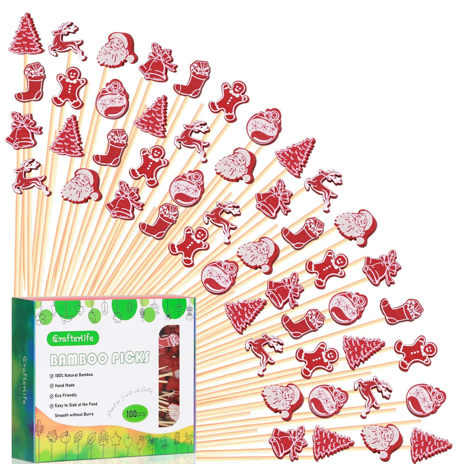 View 1 of 100Pcs 5" Vintage Christmas Cocktail Picks, Retro 90s 80s 70s 60s Theme Christmas Decor Toothpicks Skewers for Appetizers Food Charcuterie Board Accessories, Nostalgic Xmas Themed Party Decorations