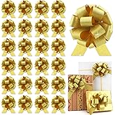 24pcs Gold Pull Bow for Gift Wrapping Basket Shiny Gift Bows Presents Metallic Wrap Ribbon Bow for Christmas Tree Ornament Wine Bottles Bouquet Flower Valentine's Day Party Decor (Gold-B, 24 pcs)
