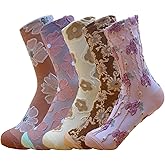 CENYINVEFI 5 Pairs Floral Socks Women Trendy Flower Socks Embroidered Vintage,Girls Cute Sweet Nordic Textured Cotton Socks