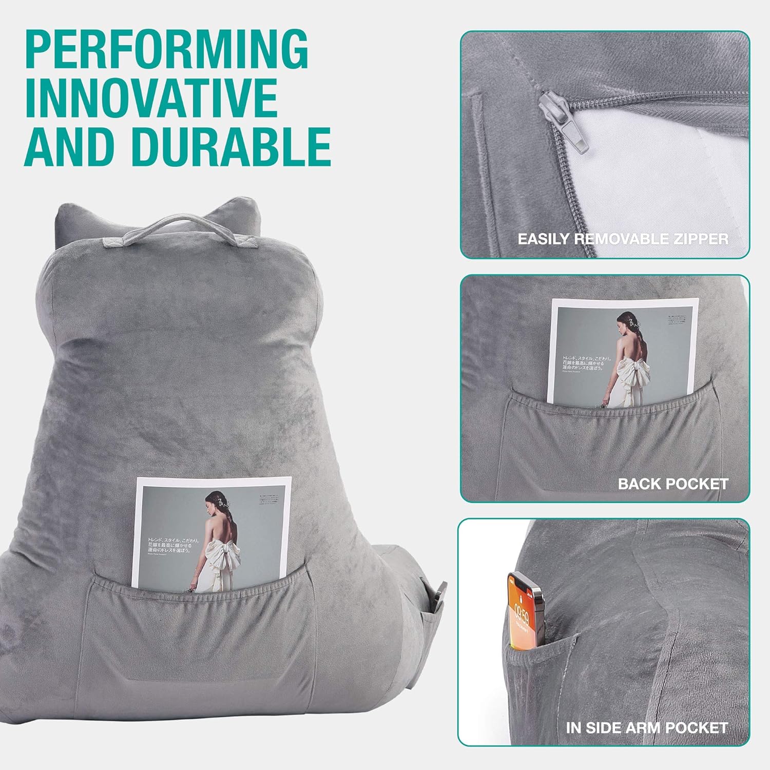 Vekkia Bed Rest Reading & Neck Pillow, Bonus Multifunction Detachable Pillow, Ergonomic Design. Perfect Back Support for Adults Reading/Watching TV/Sitting in Bed - Extra Foams Incl. Large- 23.5': Home & Kitchen