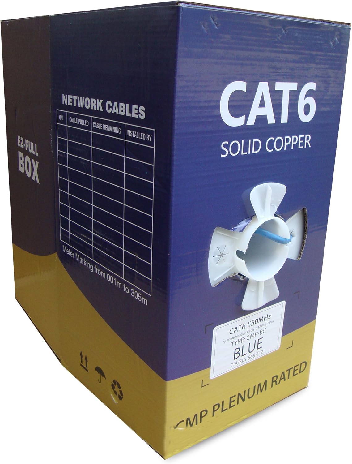 Cat6 Plenum 1000ft Bulk Solid Copper Cable UTP 100% Bare Copper Conductor CMP Blue