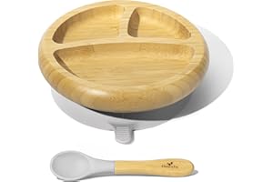 Avanchy Baby Plates Divided Bamboo with Suction for Babies Kids Toddler Food with Silicone Spoon for Feeding (Gray)