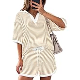 PRETTYGARDEN Women 2 Piece Lounge Sets Short Sleeve V Neck Striped Tops Drawstring Short Sets Beach Summer Outfits 2026