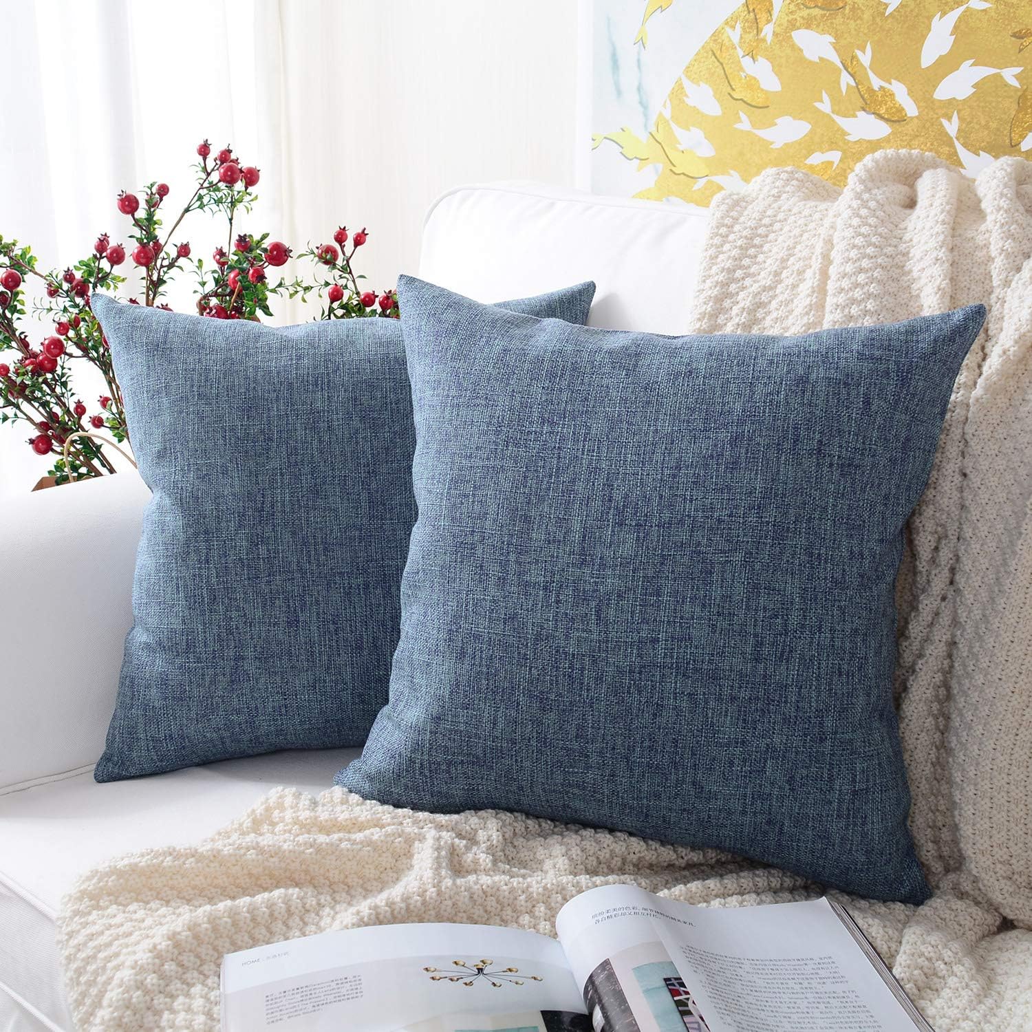 MERNETTE Pack of 2, Cotton Linen Blend Decorative Square Throw Pillow Cover Cushion Covers Pillowcase, Home Decor Decorations for Sofa Couch Bed Chair 18x18 Inch/45x45 cm