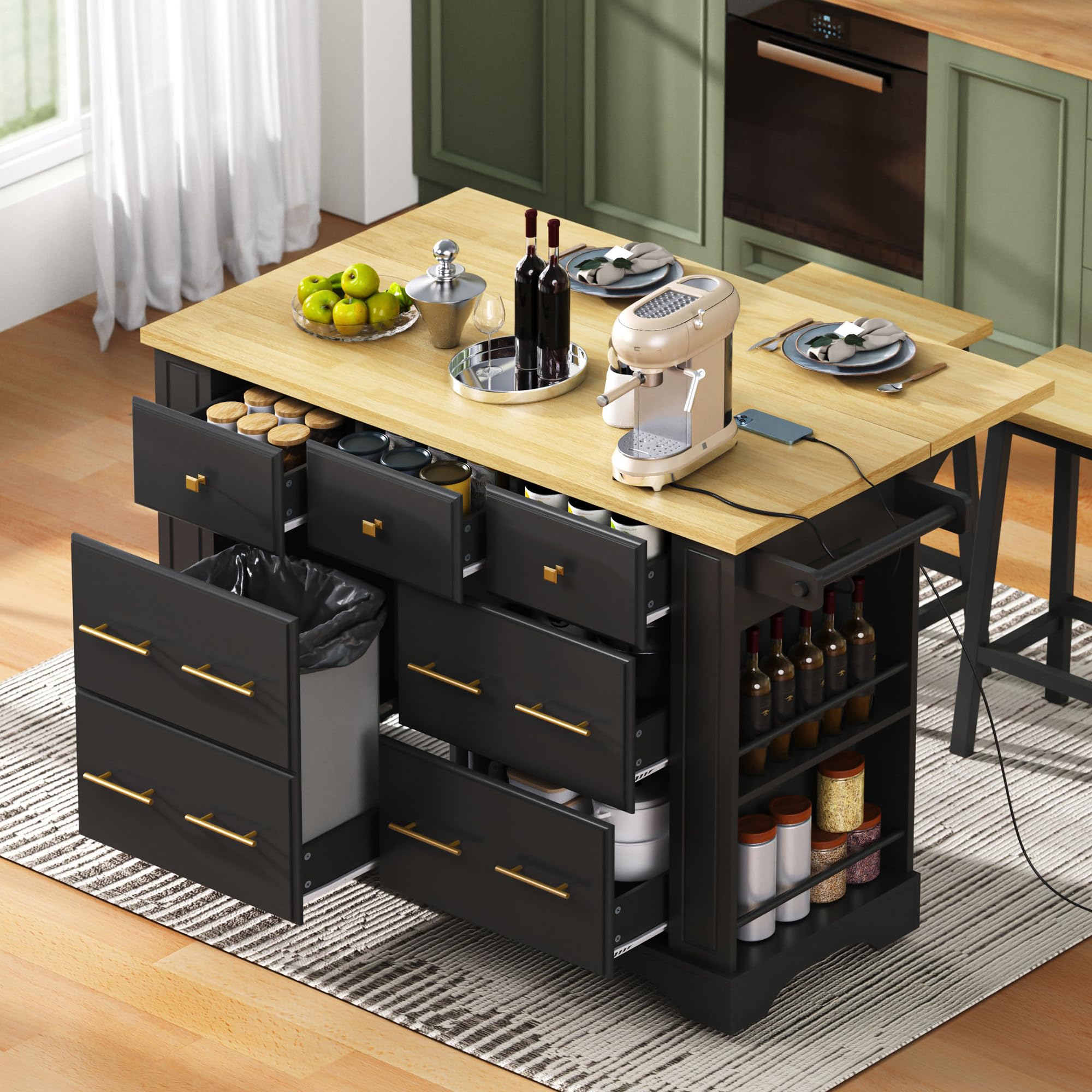 Photo 1 of Merax 51.2" Kitchen Island with 6 Drawers, Pull Out Trash Can Storage, Rolling Island Cart on 5 Wheels with Drop Leaf, Power Outlet, 5 Open Side Racks for Kitchen Dining Room (Black)