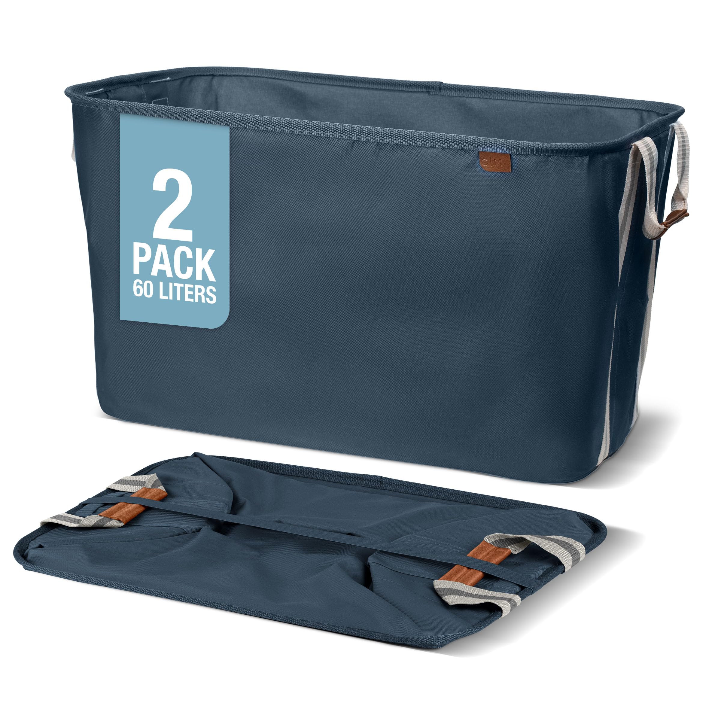 CleverMade Collapsible Laundry Basket LUXE 2 Pack – 60 L (16 Gal) Foldable Cotton Blend Clothes Hamper with Vegan Leather Accents, Reinforced Handles, Space Saving Laundry Bin Holds 55 lbs - Navy