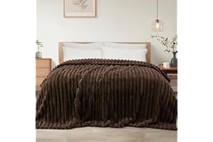 Exclusivo Mezcla Queen Size Flannel Fleece Blanket, Super Soft Striped Jacquard Bed Blanket, Lightweight Fuzzy Cozy for All Seasons, 90x90 Inches, Coffee