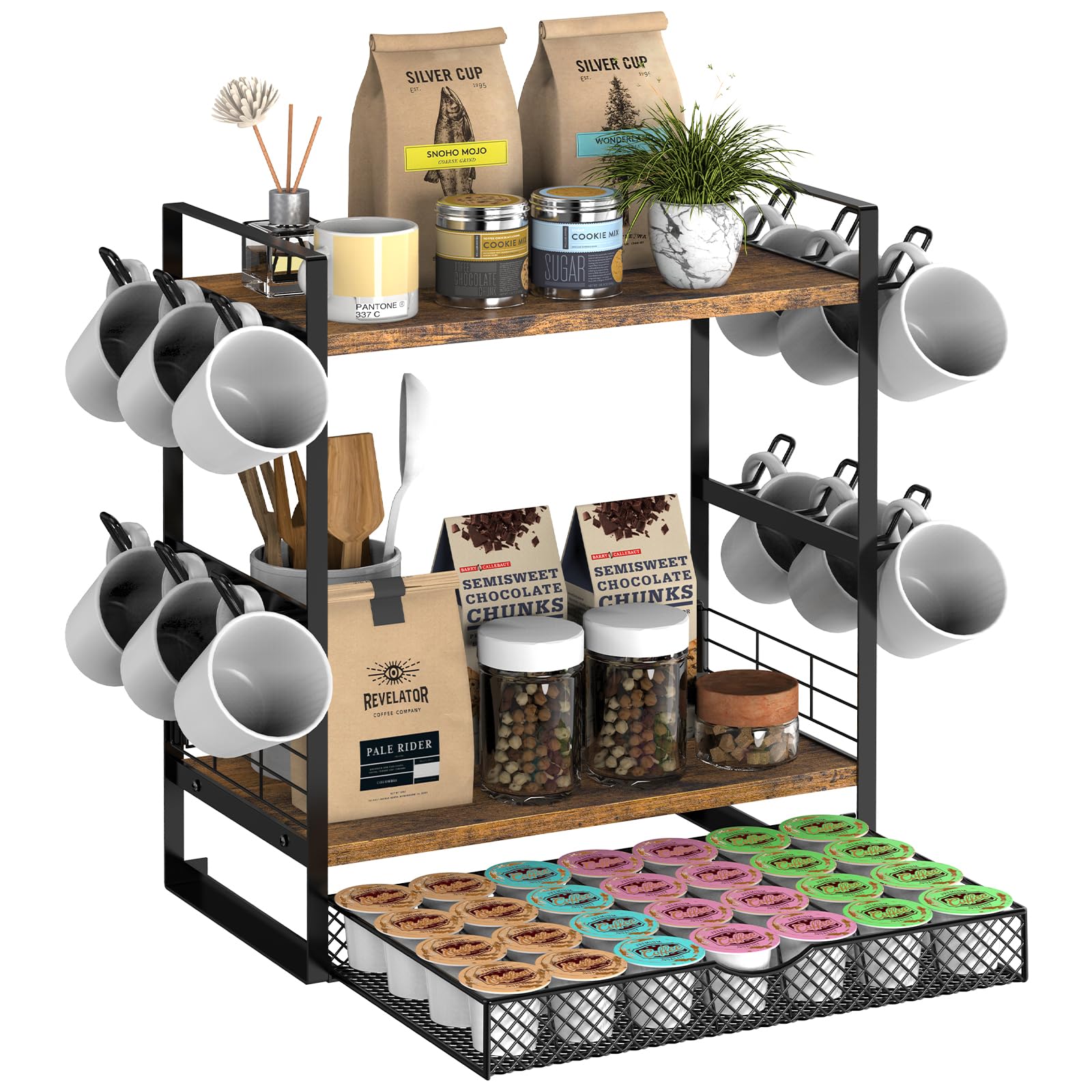 Photo 1 of *dAMAGED ITEM/ BROKEN LEFT LEG* OGEMXU Coffee Station Organizer, 3 Tier Bar Organizer for Countertop, Mug Cup Holder Stand With 12 Hooks and 28 K Cup Storage for Kitchen, Home & Office, Rustic Brown