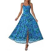 Caracilia Women's Summer Maxi Dresses Floral Mesh Spaghetti Strap Split Formal Wedding Guest Cocktail Party Beach Long Dress