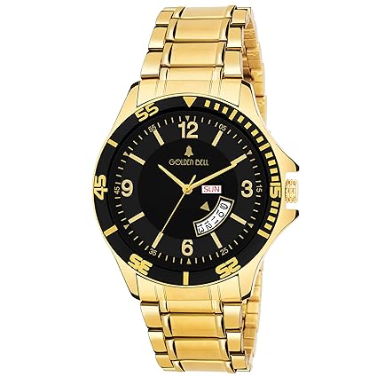Golden Bell (Label) Eminent Day and Date Analogue Display Black Dial Gold Plated Stainless Steel Chain Mens Watch -1246GB