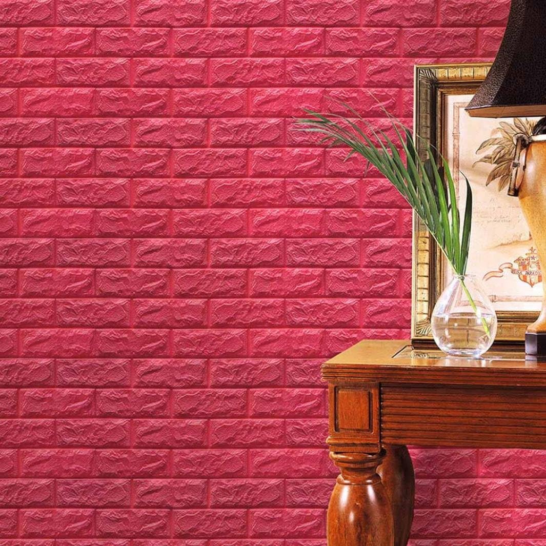PE Foam 3D Wallpaper DIY Wall Stickers Wall Decor Embossed Brick Stone Purple by ZJENE (60 X 60 X 0.8cm, hot pink)