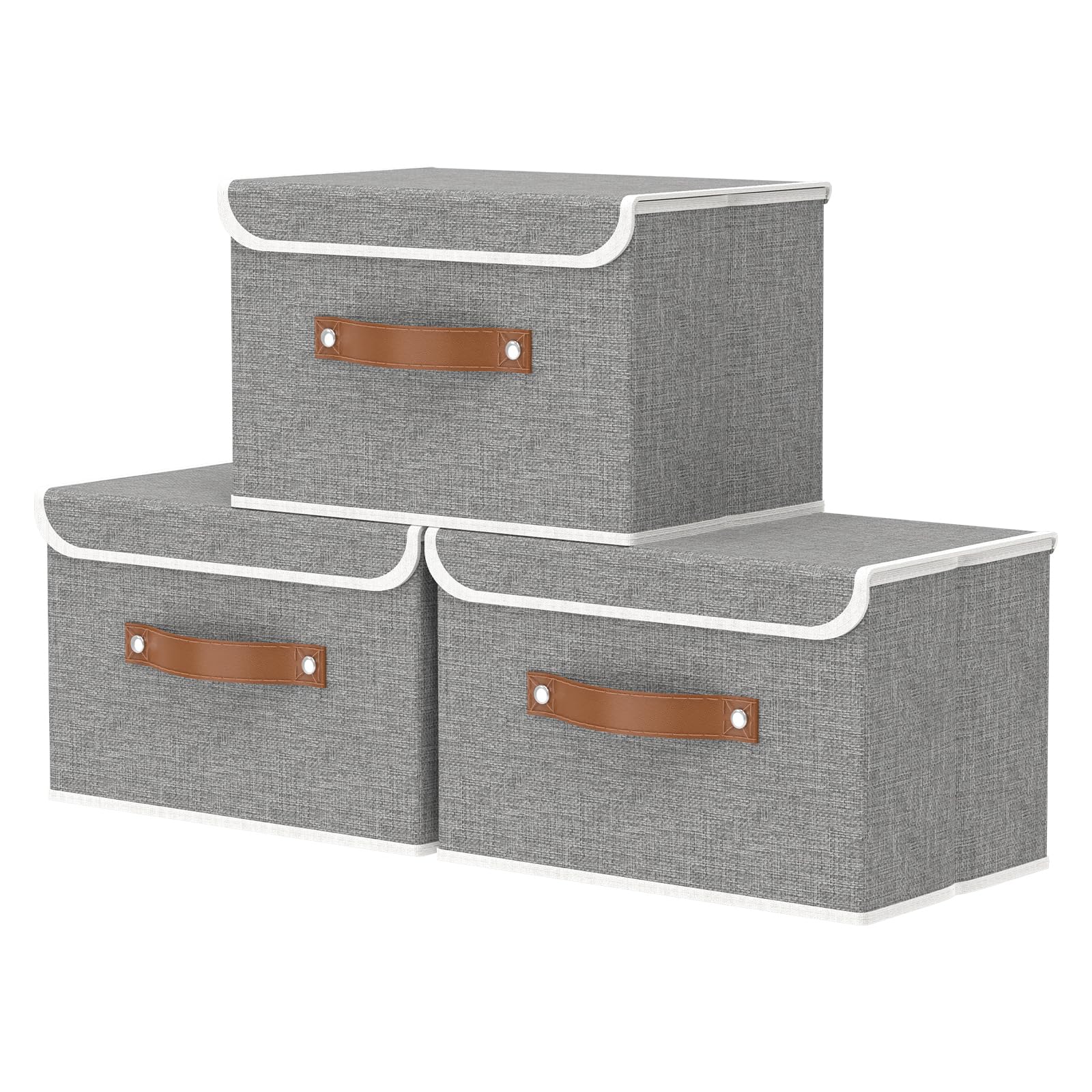 OUTBROS Collapsible Storage Box with Lid, Linen Fabric Clothing Shelf Basket Bins Box For Towels,Clothes 38x25x25 cm (Grey, 3-Pack)