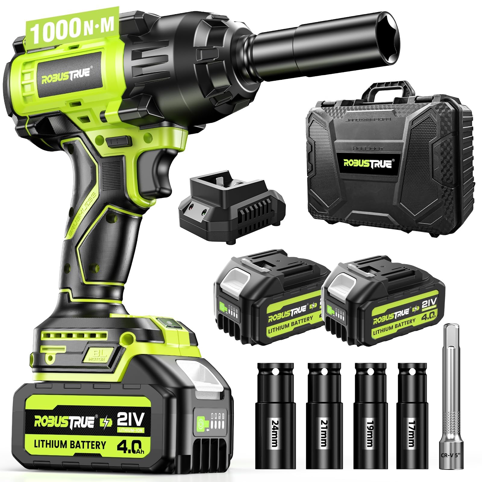 Photo 1 of Robustrue Cordless Impact Wrench 738ft-lbs (1000N.m), High Torque Brushless 1/2 Impact Gun, 2 x4.0Ah Battery 21V Max, Fast Charger, 4 Sockets, Impact Wrench for Home Car Tires Truck Mover
