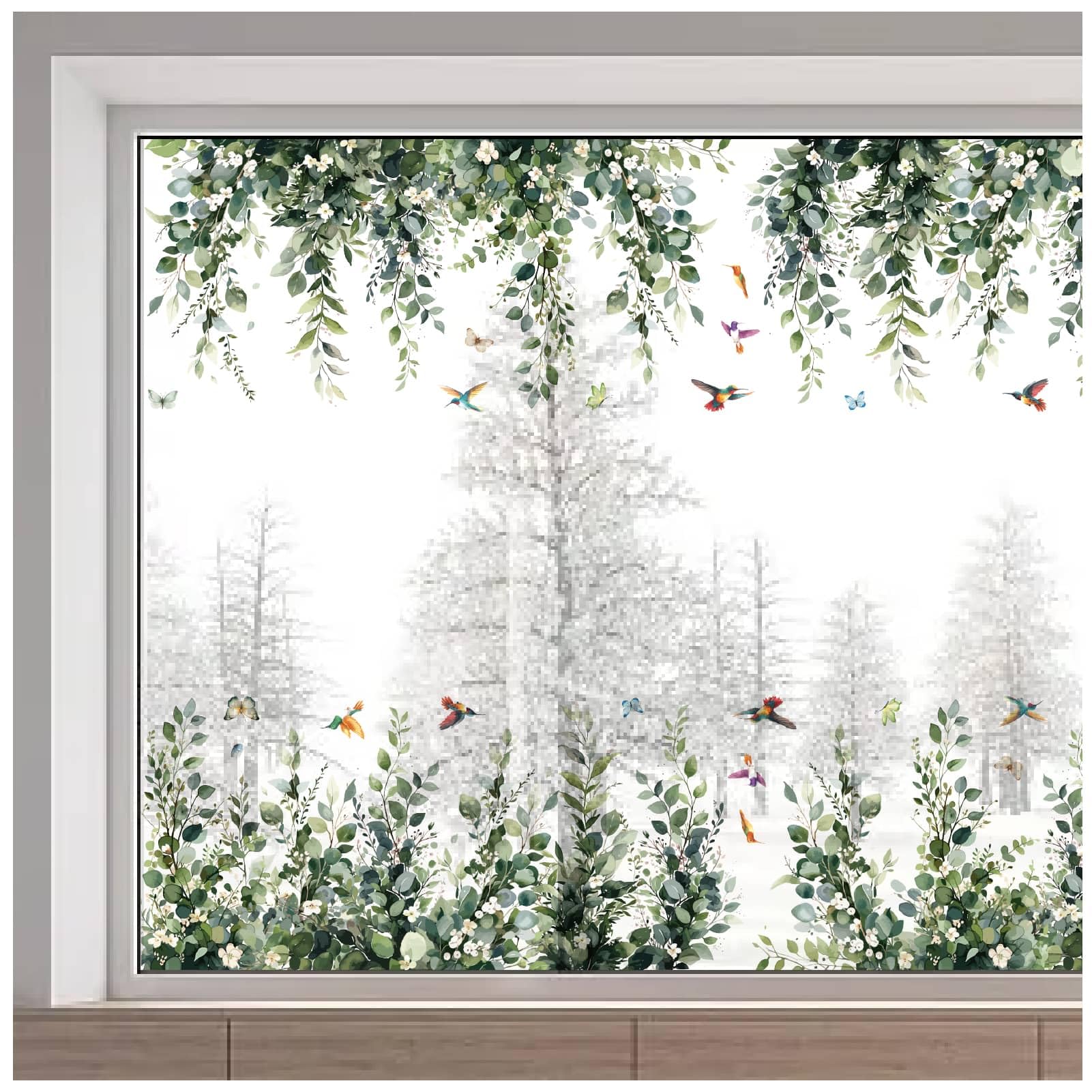 GORGECRAFT 116x30cm Large Hanging Window Clings Vine Window Decals Green Leaves Window Stickers Spring Bird Flower Window Decal Removable Reusable Window Film for Sliding Door Glass Room Decor