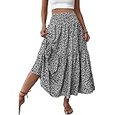 PRSFPN Women's Boho Maxi Skirt Floral Printed Smocked High Waist Long Skirts with Pockets Flowy Ruffle A-Line Summer Beach