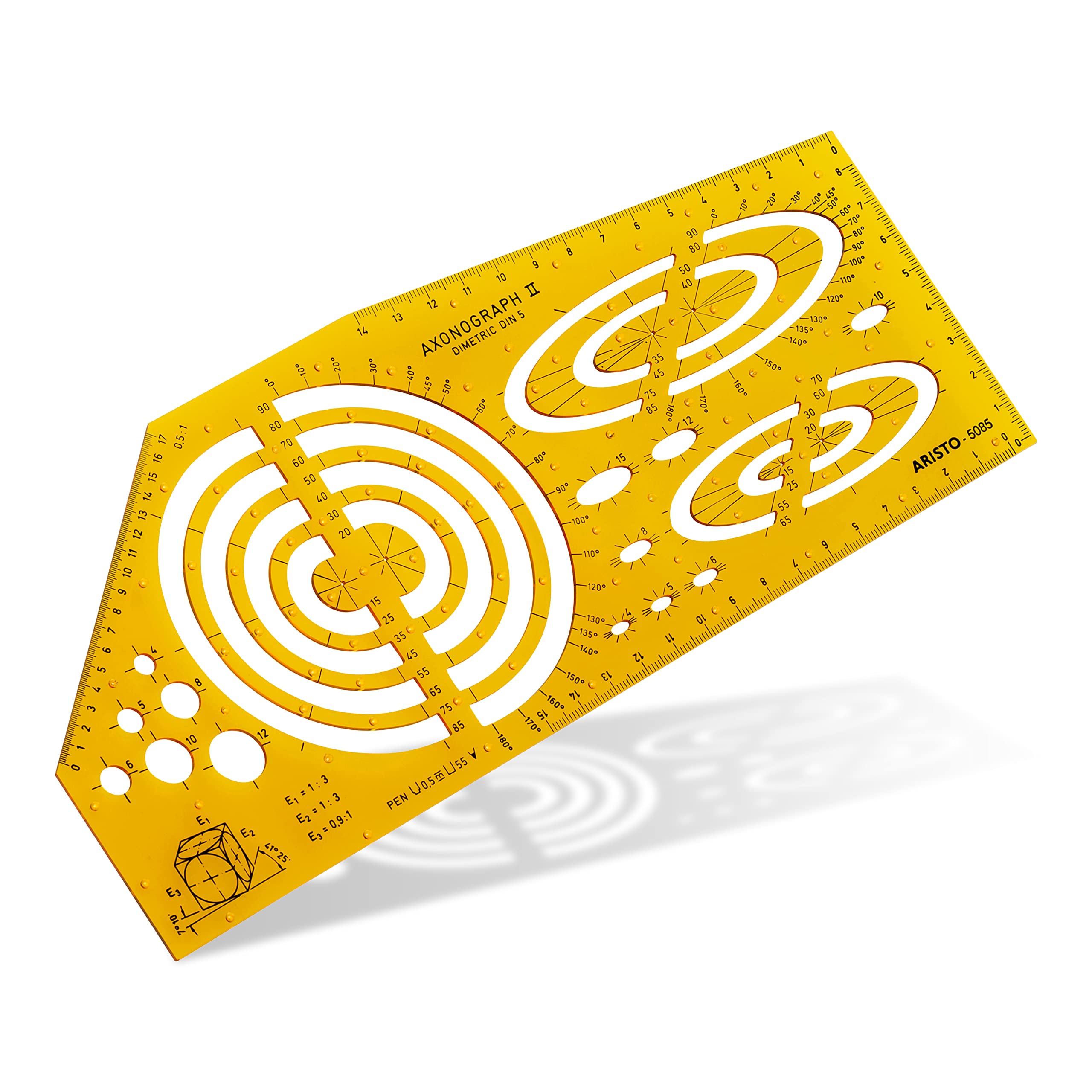 Aristo AR5085 Stencil Axonograph Dimetric (Drawing Spatial Representations in Dimetric Perspective, PET Plastic) Orange/Transparent