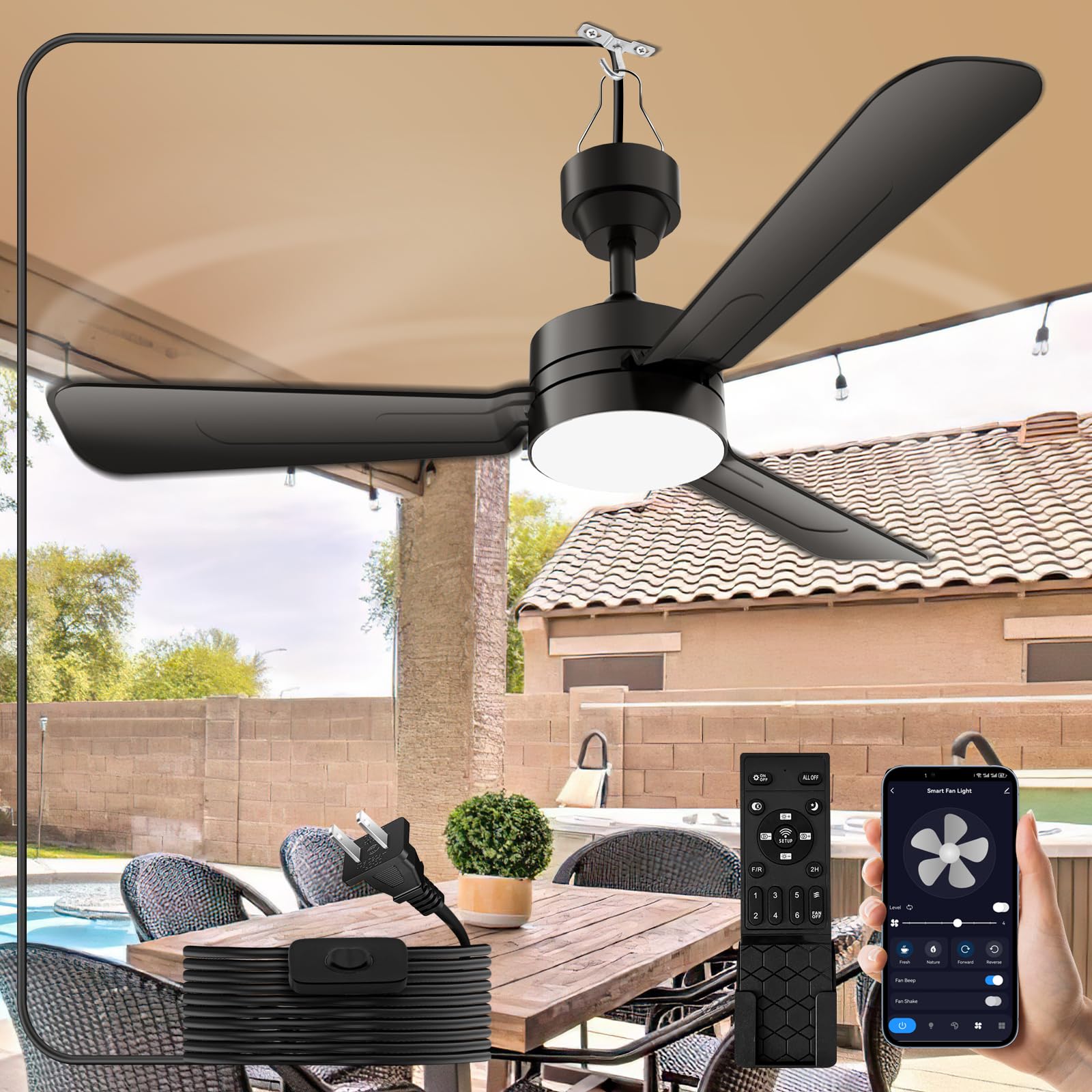 Photo 1 of *USED*
PBLALA Ceiling Fans with Lights,36" LED Fan Light Hanging with Hook,Plug in Ceiling Fan Light,Hook Type Ceiling Fan,40W,3000-6500k,Remote Control,Portable Fan for Camping Bed,Patios,(Black)