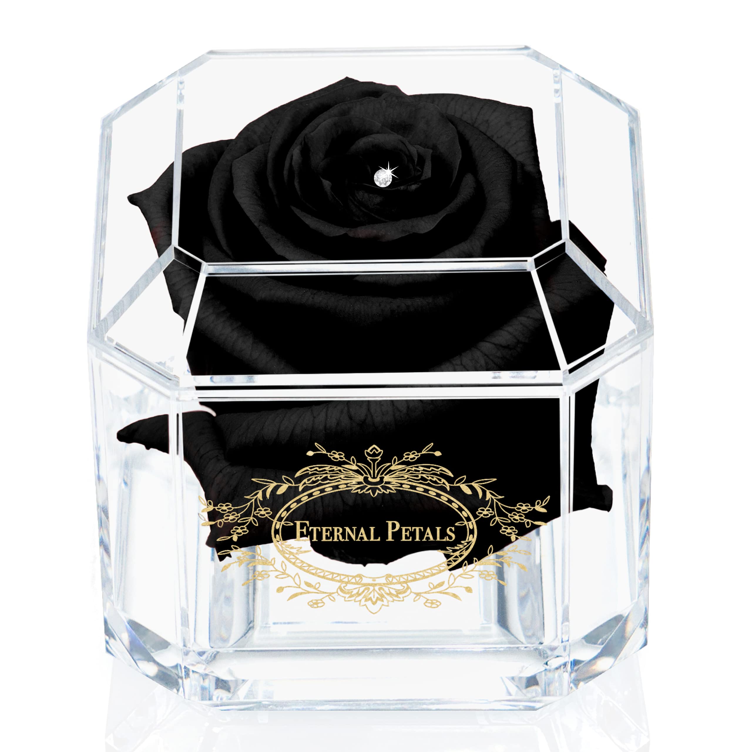 A 100% Real Rose That Lasts Years - Eternal Petals, Handmade in UK – Gold Solo with A Clear Crystal (Black)