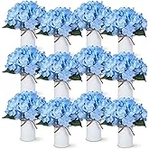 Zeyune 12 Sets Wedding Flower Table Centerpieces Artificial Hydrangeas with Rustic Metal Vase Fake Hydrangea Flowers in Pot Floral Arrangement for Wedding Bridal Tea Party Table Home Decor (Blue)