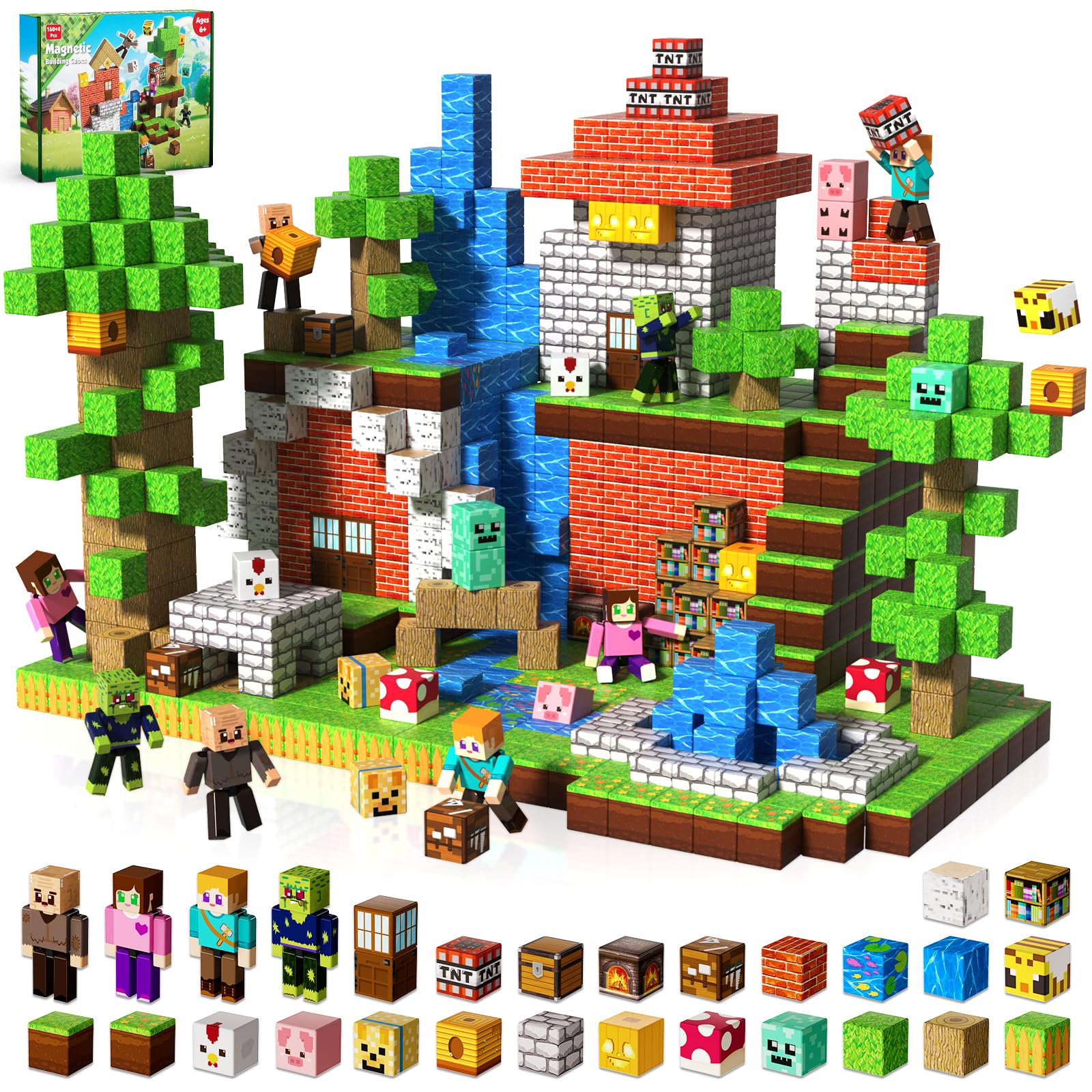 GraceDuck Magnetic Blocks with 4 Magnetic Figures - Magnets Building Blocks 160pcs, Stacking Tiles STEM Montessori Sensory Toys for Kids Boys Girls Ages 3 4 5 6 7 8 9 10 Birthday