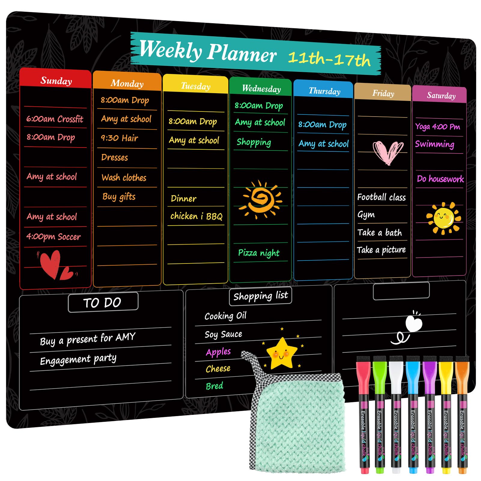 Photo 1 of MaxGear Black Weekly Dry Erase Board,16"x12" Magnetic Whiteboard Meal Planner Blackboard for Fridge, Chalkboard Calendar Menu Planning Board Notepad for Kitchen with 7 Markers and 1 Eraser