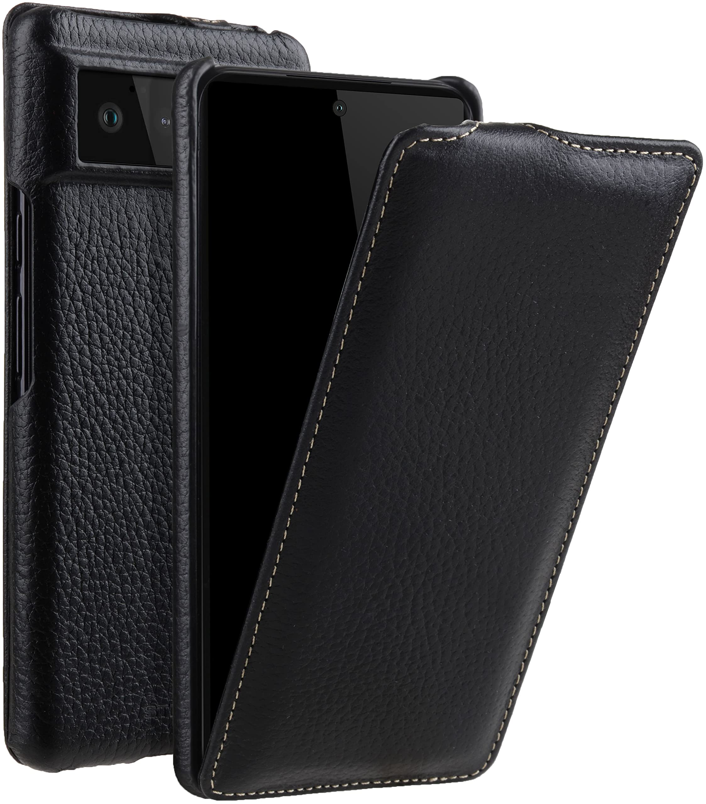STILGUT UltraSlim Compatible with Google Pixel 6 Case - Pixel 6 Leather Flip Case, Flip Case, Mobile Phone Case, Leather Case - Black