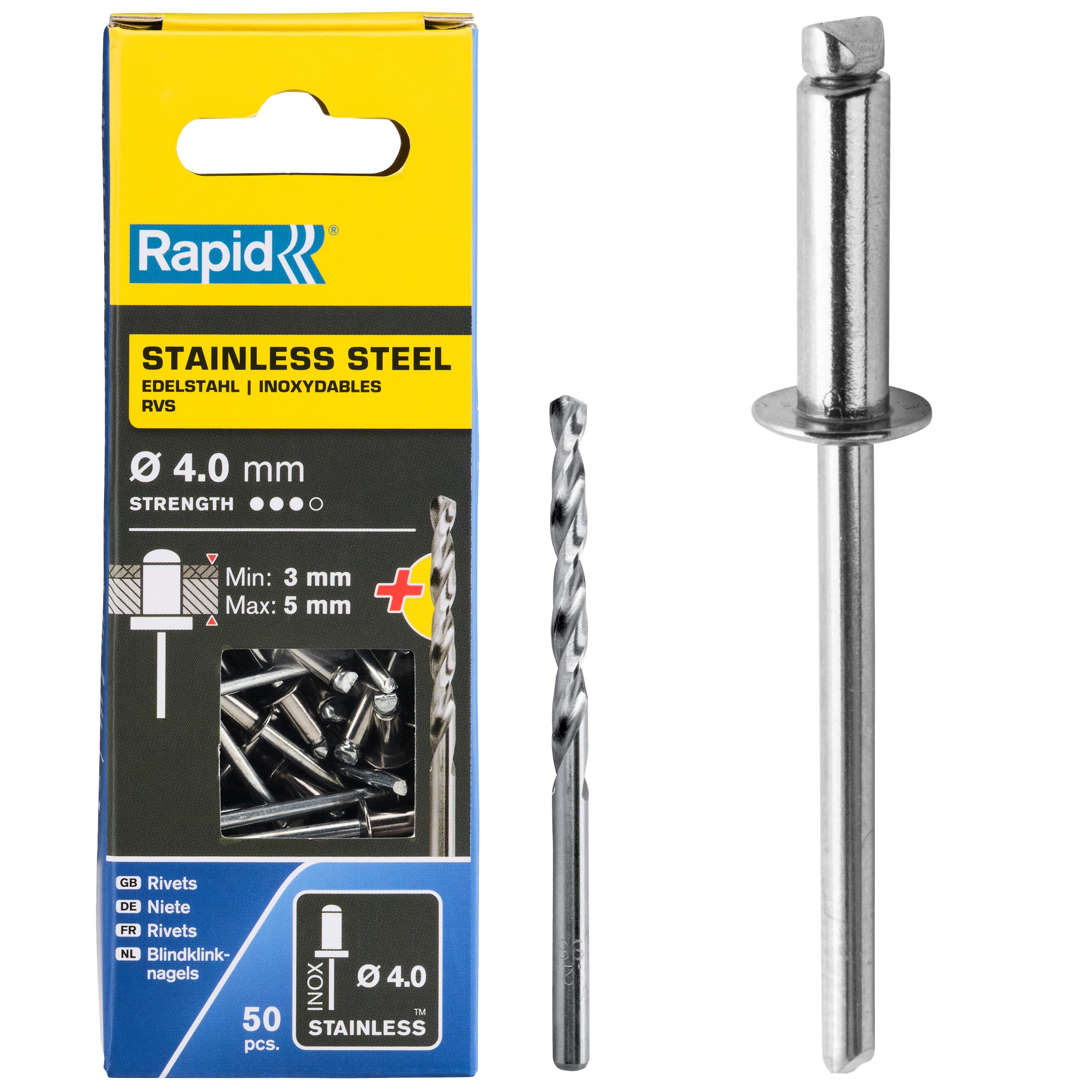 Rapid High Performance Stainless Steel Rivets, Ø4 x 6 mm - 4mm Rivets for License plates, Mudguards, Metal Coverings, and Sheet Metal - Includes Drill - 50 Pieces, Boxed (5001460)