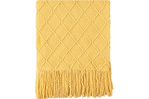 BATTILO HOME Mustard Throw Blanket with Fringe Geometric Bed Gold Yellow Throws Breathable Decorative Large Throw for Couch Sofa Indoor Outdoor (Mustard, 50"x60")