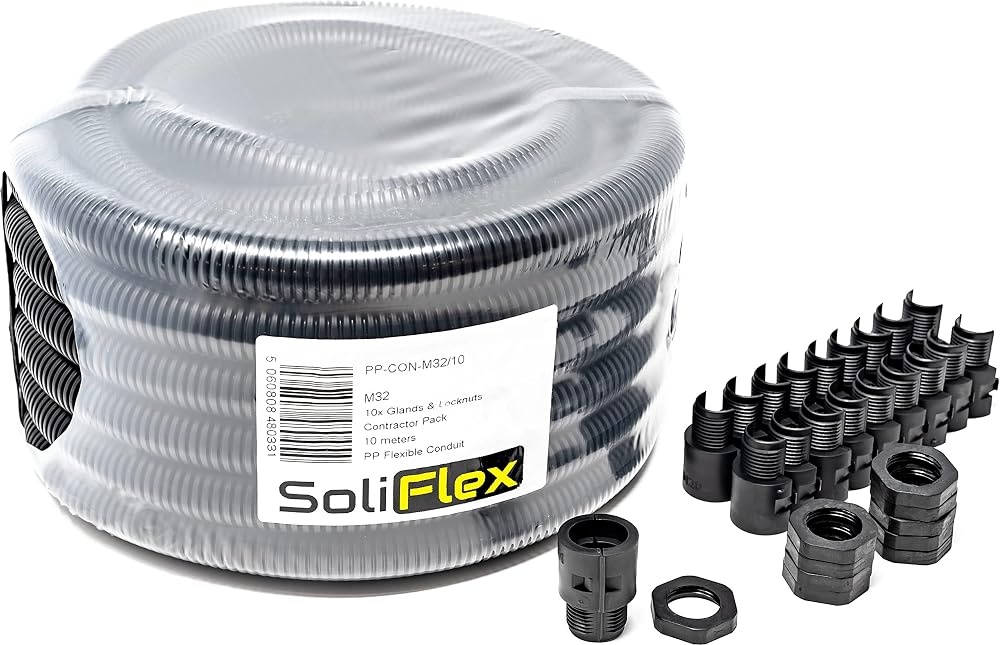 SoliFlex ArmaKit 32mm Flexible Conduit 10m Coil with 10 Glands & Locknuts