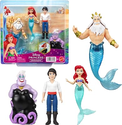 Mattel Disney Ariel Princesses, pacote de 4 pequenas bonecas da Pequena Sereia Ariel, Príncipe Eric, Úrsula e Rei Tritão, além de um tridente, inspirado no filme JHG84