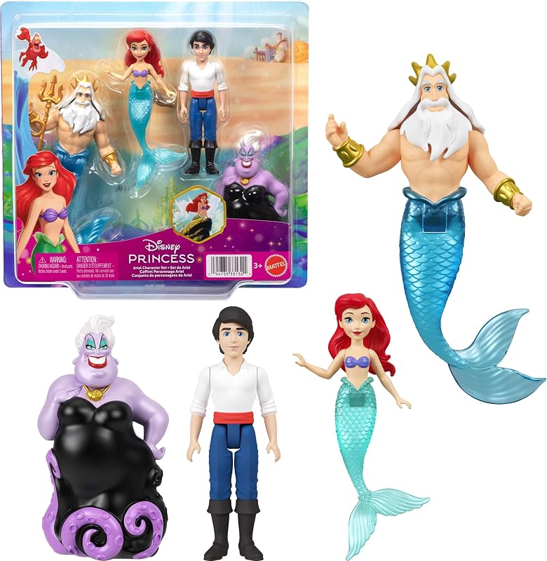 Mattel Disney Ariel Princesses, pacote de 4 pequenas bonecas da Pequena Sereia Ariel, Príncipe Eric, Úrsula e Rei Tritão, além de um tridente, inspirado no filme JHG84