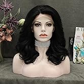 IMSTYLE Black Short Synthetic Lace Fron Wavy Wig Free Part Natural Hairline Heat Resistant Fiber Daily Cosplay Costume Halloween Wigs 14In (Black)