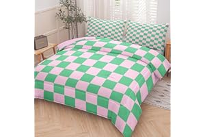 Tailor Shop Green Pink Plaid Comforter Sets Queen Women Men Green Checkerboard Grid Bedding Boys Girls Modern Grass Checkered Geometric Quilts Aesthetic Room Decor with 2 Pillowcases…