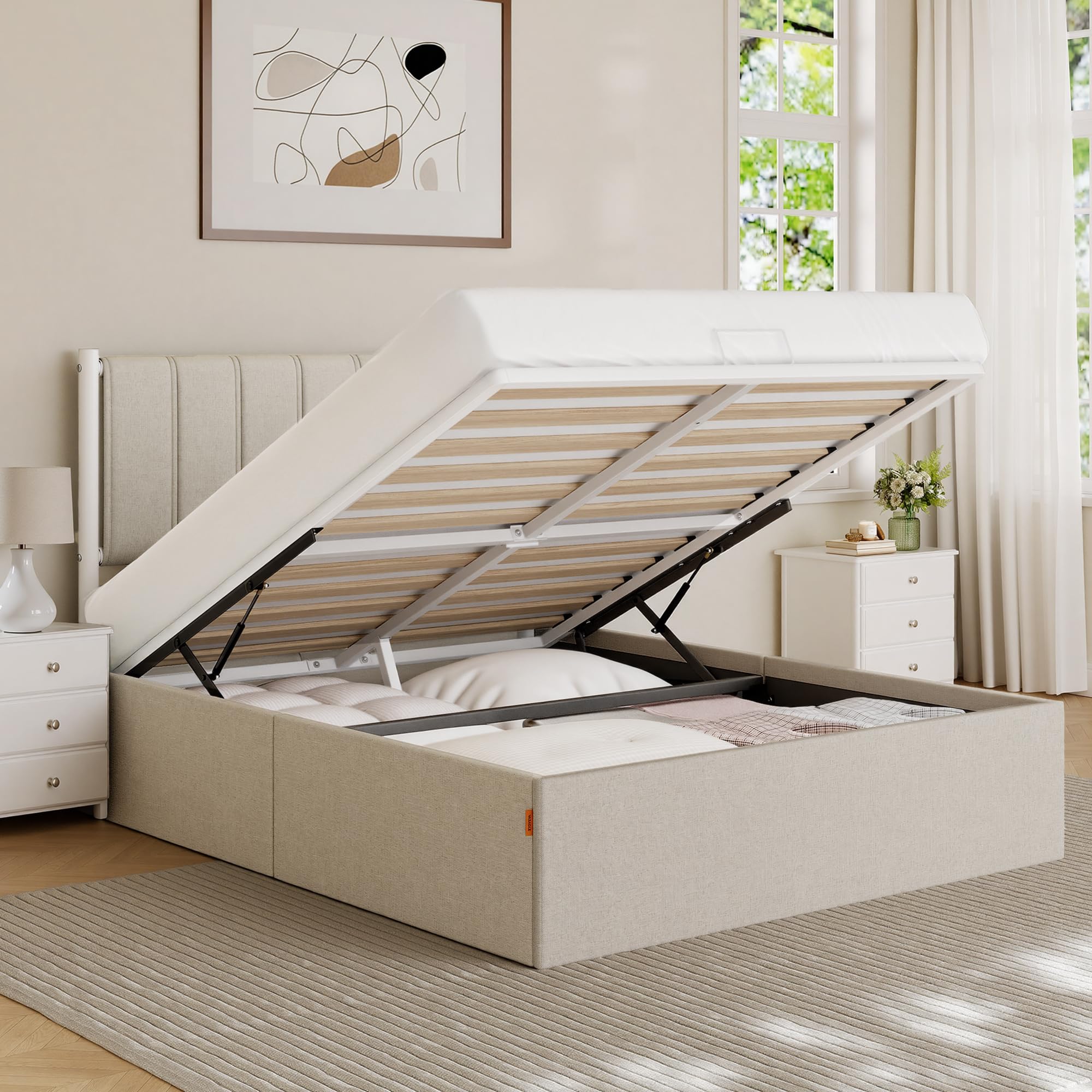 Photo 1 of (PLATFROM STORAGE ONLY) Platform Bed, with Upholstered Headboard, 1100 lb Weight Capacity, No Box Spring Needed, Easy Assembly, Modern, Cappuccino Beige URMB602W01V1