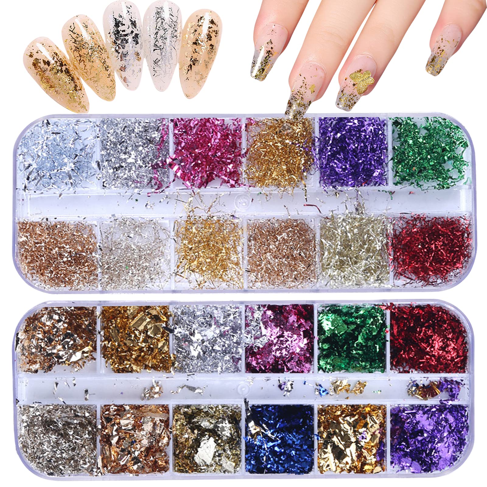 HOINCO 2 Boxes Nail Art Foil Flakes Aluminum Foil Flake,Nail Glitter Holographic Foil Flakes,12 Grid Nail Art Foil Foil Sticker Flakes Nail DIY Accessories Decals