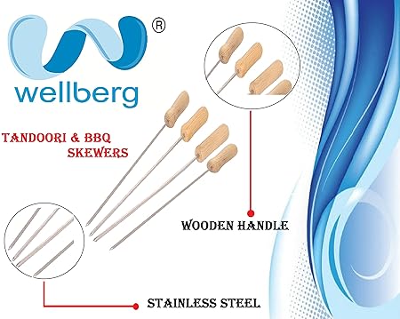 WELLBERG 4-Skewers Stainless Steel With Wood Handle For BBQ Skewers; Stainless Steel Skewers; Kabab Skewers;Tandoori Skewers ( Set of 6-skewers)