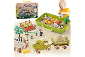 EACIILEE Play Sand Farm Toys, Farm Sensory Bins with 2.2lb Play Sand, Animal, Take Apart Truck Trailer Playset, Creativity Sandbox Toys with Lid for Kids 3 4 5 6 Years Old