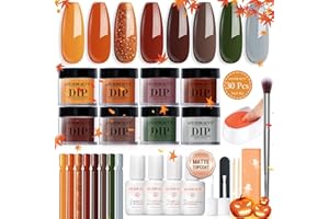 AZUREBEAUTY Dip Nails Powder Starter Kit, Maple Grey Sage Green Dark 8 Colors Set with Nail Sticks, Fall Nail Art Base Glossy/Matte Top Coat Activator Essential Liquid Manicure DIY Salon 30 PCS