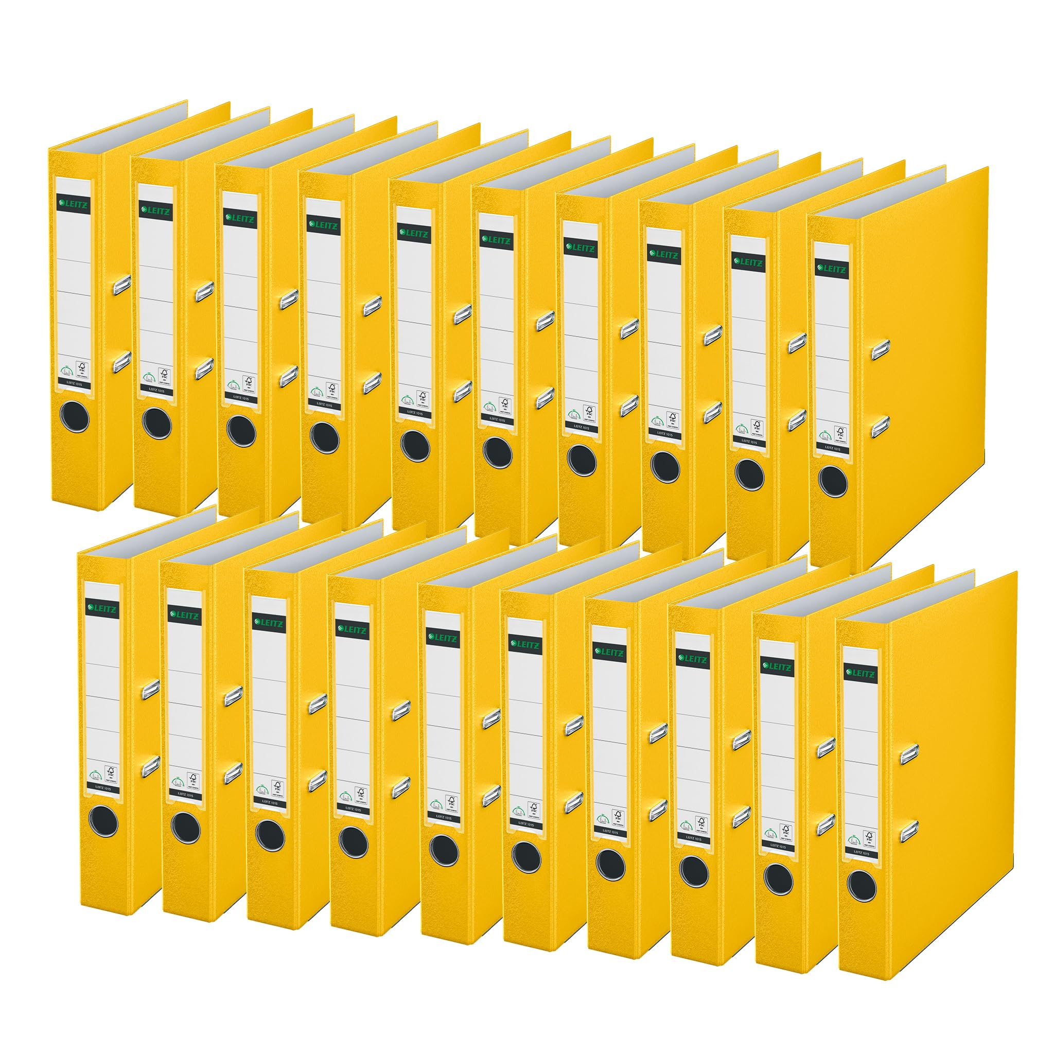 Leitz 10155015 Quality Folder, 180° Plastic, Pack of 20, DIN A4 Lever Arch Files, 5 cm Slim, 90% Recycled Cardboard, 30% Pre-Consumer Recycled Plastic, with 180° Mechanism, 350 Sheets, Yellow,