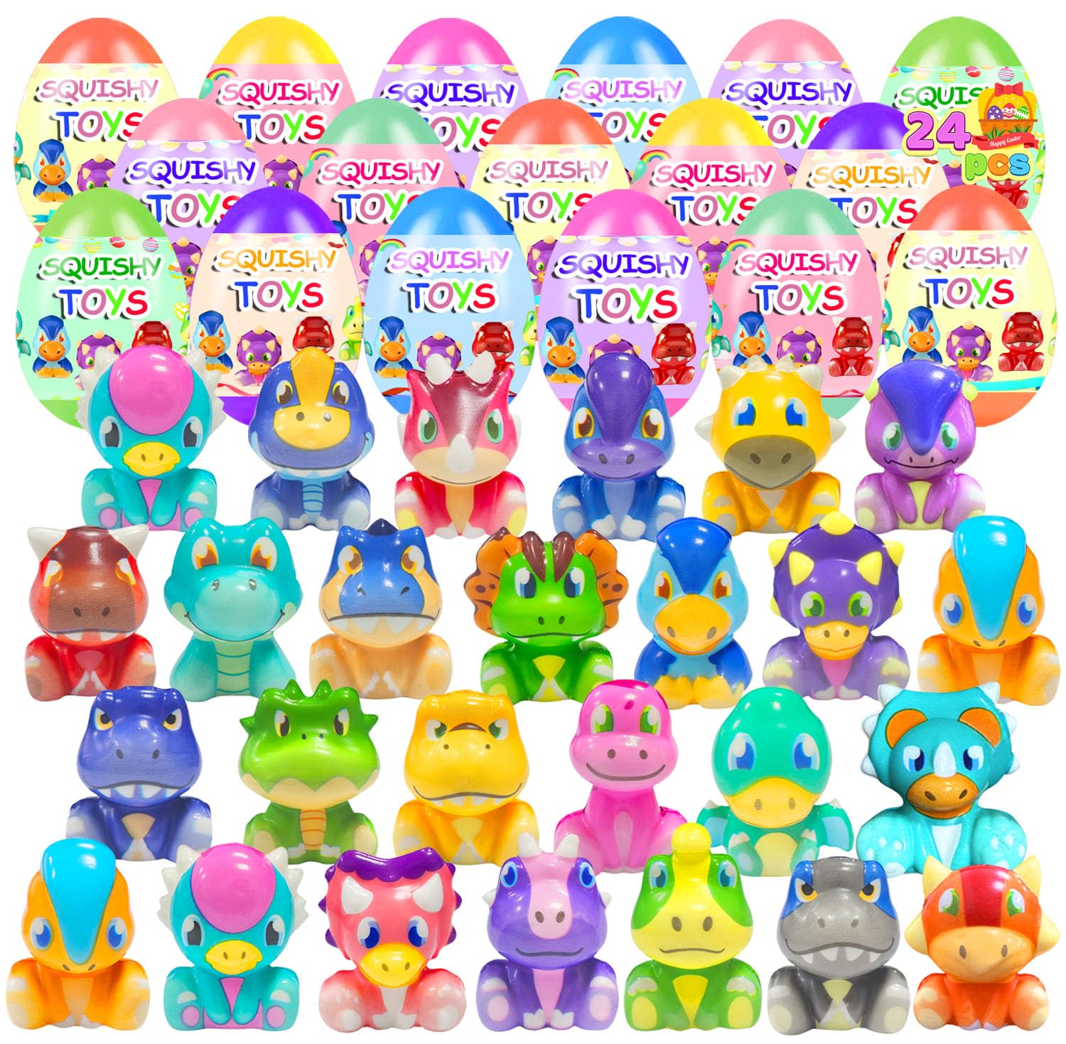 24 Pack Prefilled Easter Eggs with Dinosour Squishy Toys Inside Squeeze Toys for Kids Girls Boys Easter Basket Stuffers Egg Fillers Classroom Prizes Party Favors