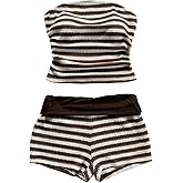 GORGLITTER Women's 2 Piece Matching Sets Beach Vacation Crochet Strapless Striped Tube Tops Shorts Birthday Outfits